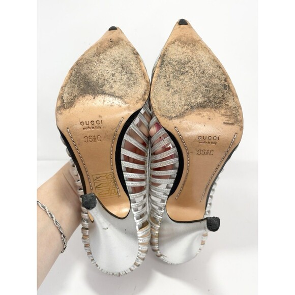 Gucci Silver Leather Heels Laser Cut Stripe Metallic Y2K Vintage Sz EU 36.5C 6.5 - Picture 9 of 10